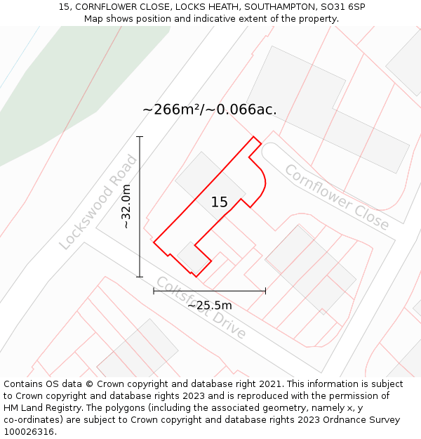 15, CORNFLOWER CLOSE, LOCKS HEATH, SOUTHAMPTON, SO31 6SP: Plot and title map