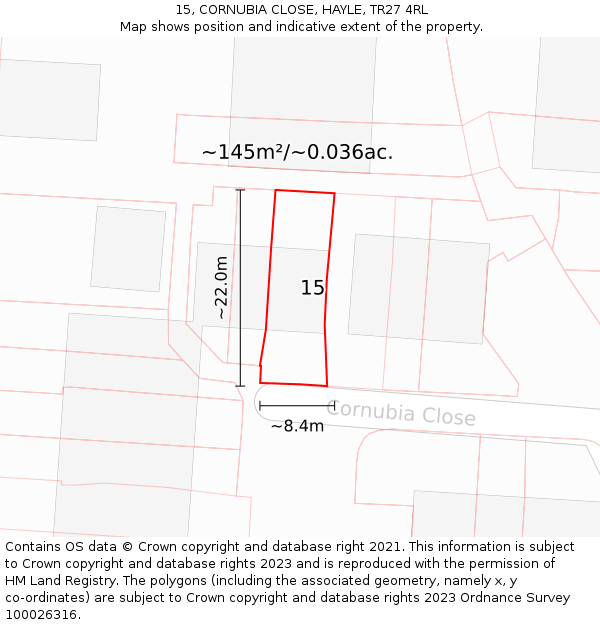 15, CORNUBIA CLOSE, HAYLE, TR27 4RL: Plot and title map