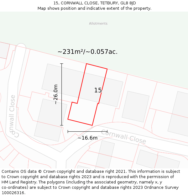15, CORNWALL CLOSE, TETBURY, GL8 8JD: Plot and title map