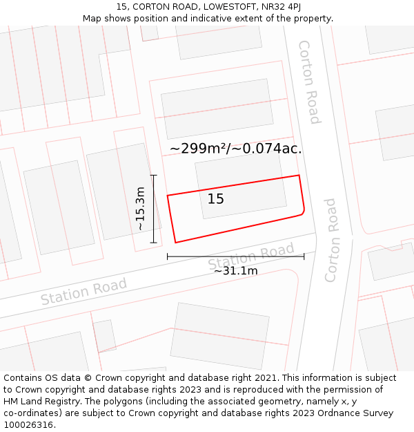 15, CORTON ROAD, LOWESTOFT, NR32 4PJ: Plot and title map