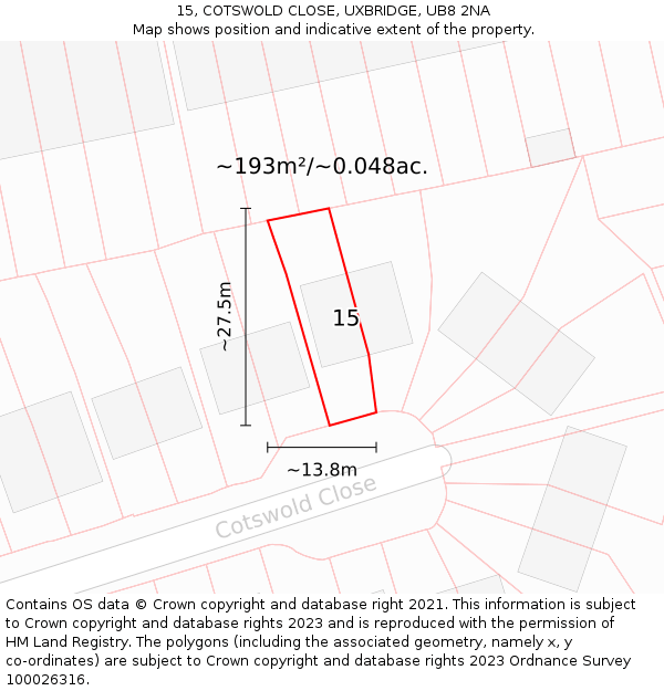 15, COTSWOLD CLOSE, UXBRIDGE, UB8 2NA: Plot and title map