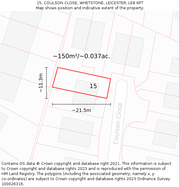 15, COULSON CLOSE, WHETSTONE, LEICESTER, LE8 6PT: Plot and title map