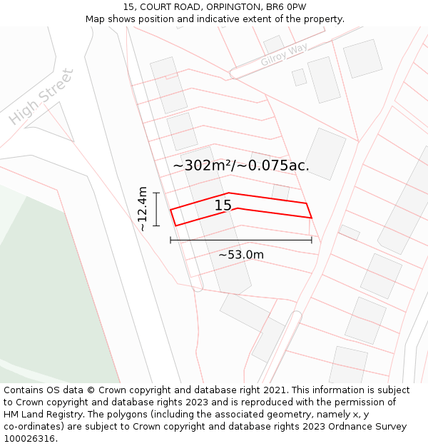 15, COURT ROAD, ORPINGTON, BR6 0PW: Plot and title map
