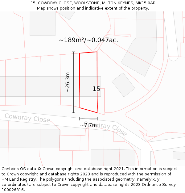 15, COWDRAY CLOSE, WOOLSTONE, MILTON KEYNES, MK15 0AP: Plot and title map