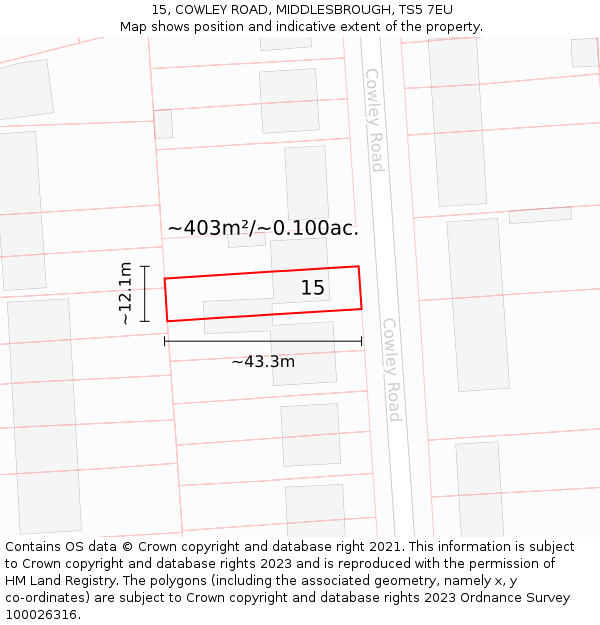 15, COWLEY ROAD, MIDDLESBROUGH, TS5 7EU: Plot and title map