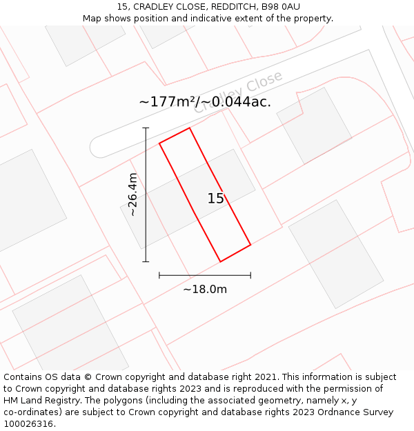 15, CRADLEY CLOSE, REDDITCH, B98 0AU: Plot and title map