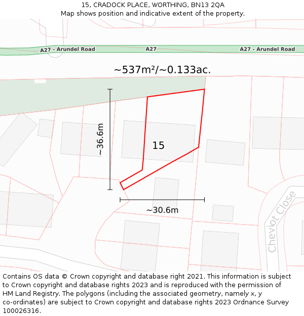 15, CRADOCK PLACE, WORTHING, BN13 2QA: Plot and title map