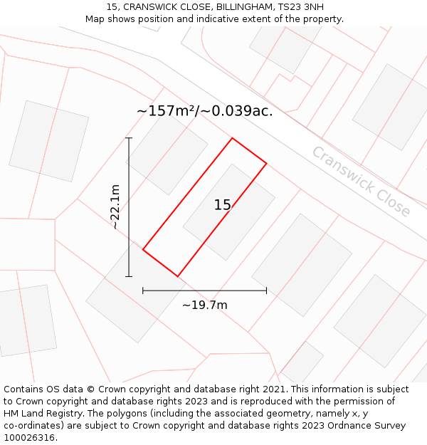 15, CRANSWICK CLOSE, BILLINGHAM, TS23 3NH: Plot and title map