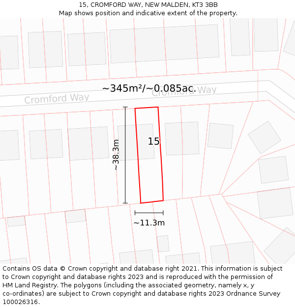 15, CROMFORD WAY, NEW MALDEN, KT3 3BB: Plot and title map