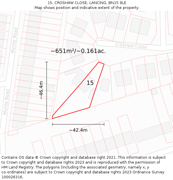 15, CROSHAW CLOSE, LANCING, BN15 9LE: Plot and title map
