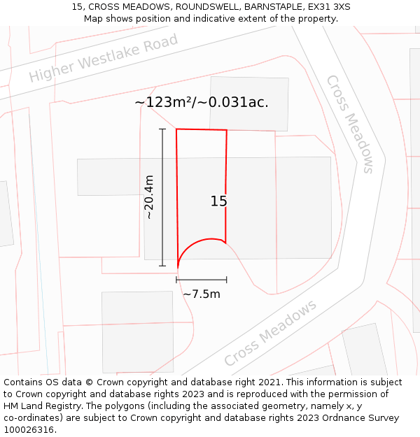 15, CROSS MEADOWS, ROUNDSWELL, BARNSTAPLE, EX31 3XS: Plot and title map
