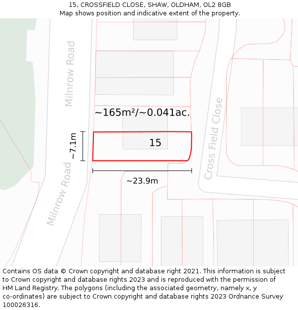 15, CROSSFIELD CLOSE, SHAW, OLDHAM, OL2 8GB: Plot and title map