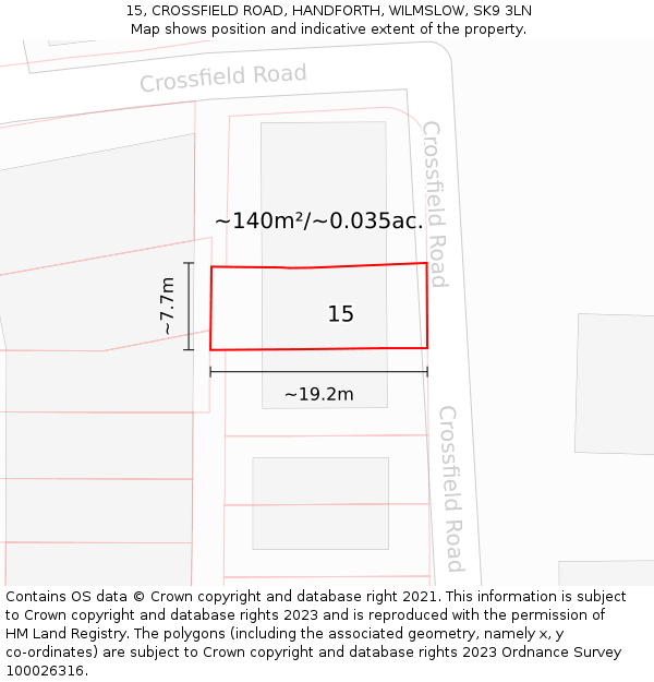 15, CROSSFIELD ROAD, HANDFORTH, WILMSLOW, SK9 3LN: Plot and title map