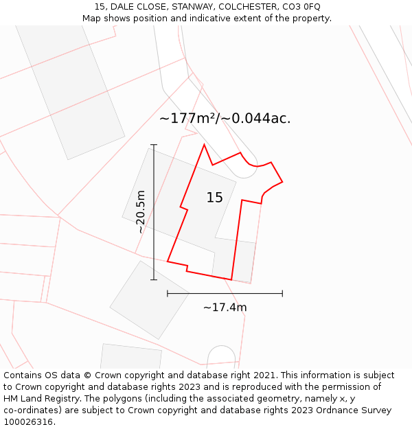 15, DALE CLOSE, STANWAY, COLCHESTER, CO3 0FQ: Plot and title map