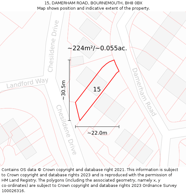 15, DAMERHAM ROAD, BOURNEMOUTH, BH8 0BX: Plot and title map