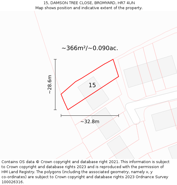15, DAMSON TREE CLOSE, BROMYARD, HR7 4UN: Plot and title map
