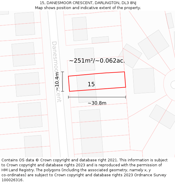 15, DANESMOOR CRESCENT, DARLINGTON, DL3 8NJ: Plot and title map