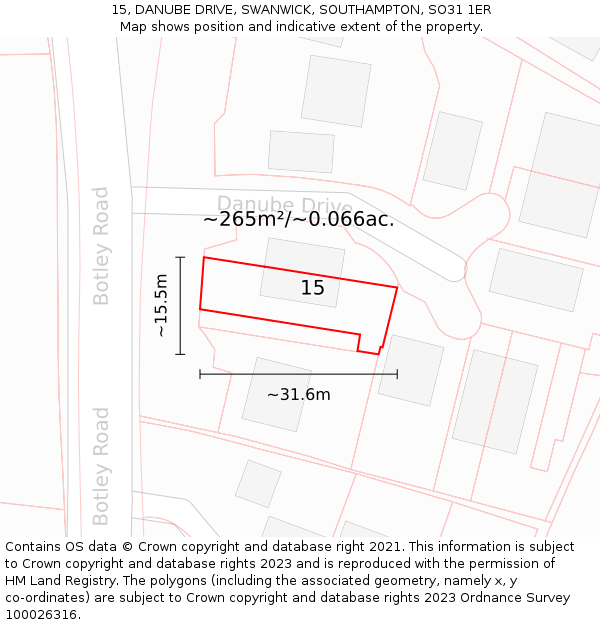 15, DANUBE DRIVE, SWANWICK, SOUTHAMPTON, SO31 1ER: Plot and title map