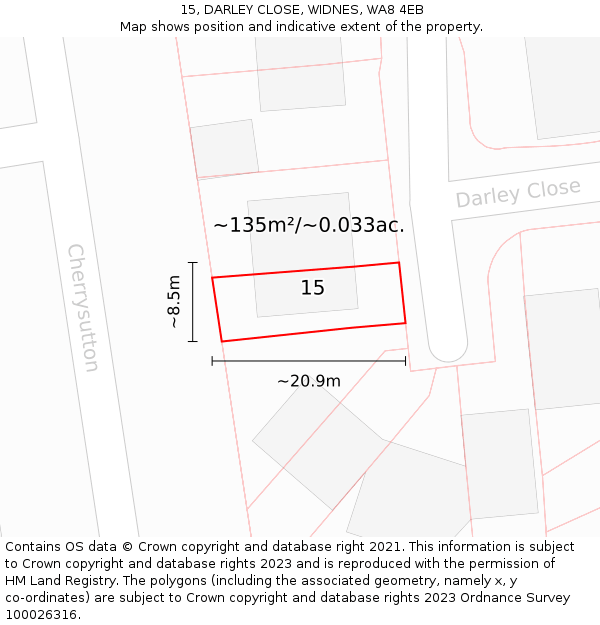 15, DARLEY CLOSE, WIDNES, WA8 4EB: Plot and title map