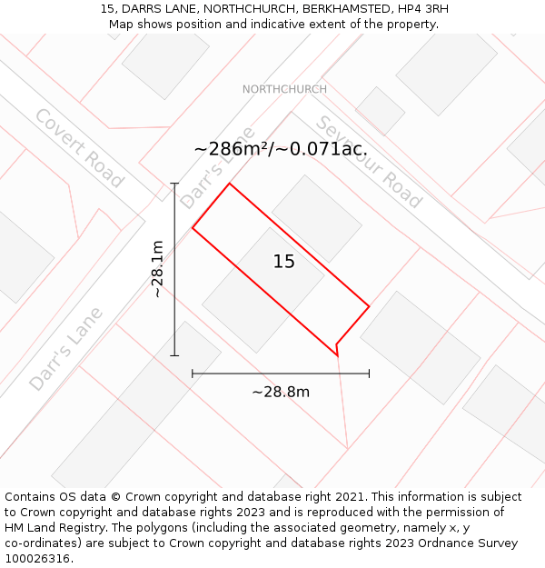 15, DARRS LANE, NORTHCHURCH, BERKHAMSTED, HP4 3RH: Plot and title map