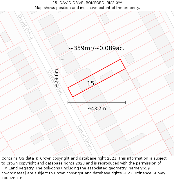15, DAVID DRIVE, ROMFORD, RM3 0YA: Plot and title map