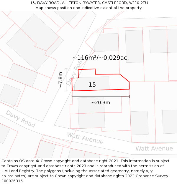 15, DAVY ROAD, ALLERTON BYWATER, CASTLEFORD, WF10 2EU: Plot and title map