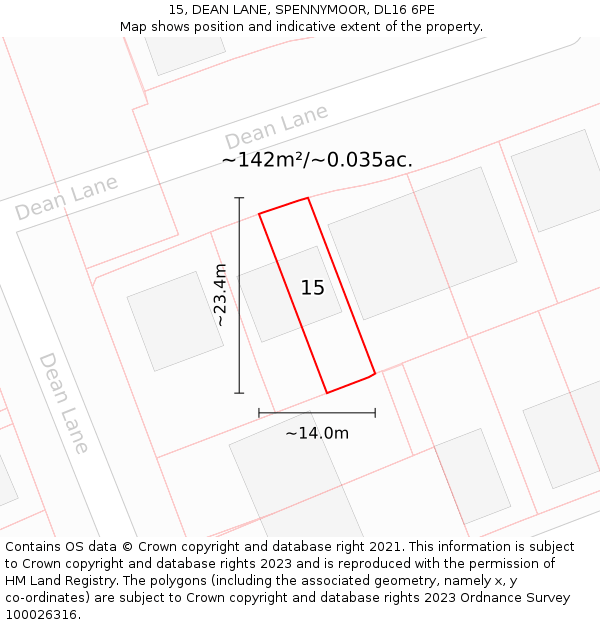 15, DEAN LANE, SPENNYMOOR, DL16 6PE: Plot and title map