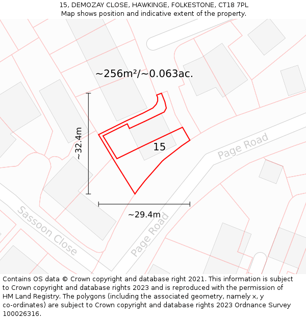 15, DEMOZAY CLOSE, HAWKINGE, FOLKESTONE, CT18 7PL: Plot and title map