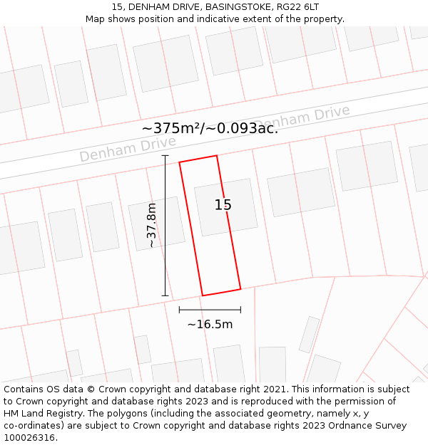 15, DENHAM DRIVE, BASINGSTOKE, RG22 6LT: Plot and title map