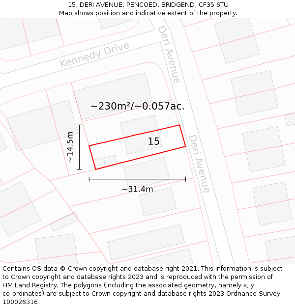 15, DERI AVENUE, PENCOED, BRIDGEND, CF35 6TU: Plot and title map