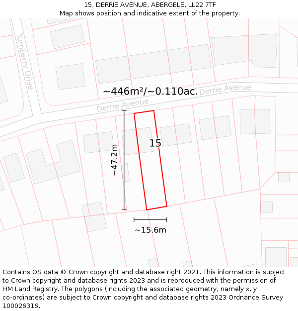 15, DERRIE AVENUE, ABERGELE, LL22 7TF: Plot and title map