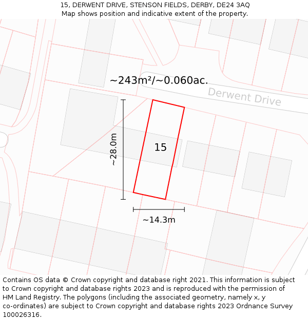 15, DERWENT DRIVE, STENSON FIELDS, DERBY, DE24 3AQ: Plot and title map