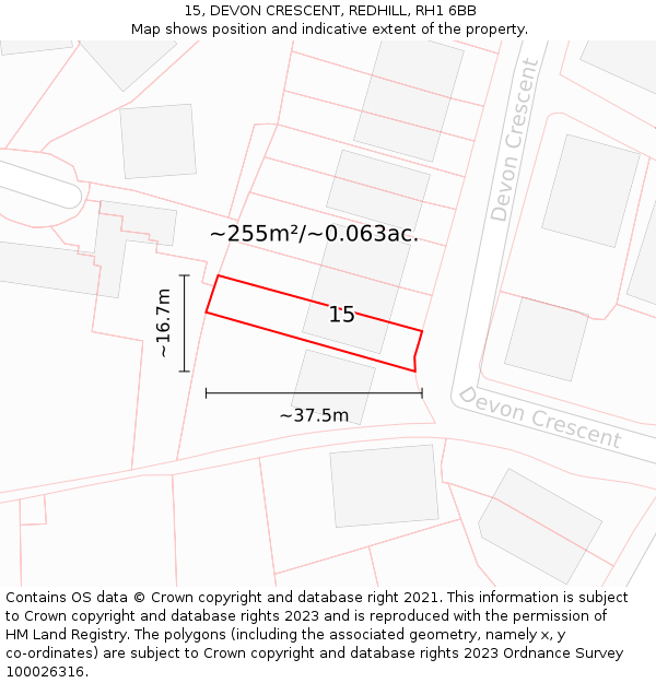 15, DEVON CRESCENT, REDHILL, RH1 6BB: Plot and title map