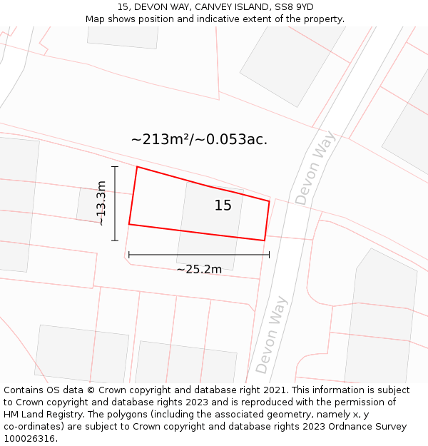 15, DEVON WAY, CANVEY ISLAND, SS8 9YD: Plot and title map