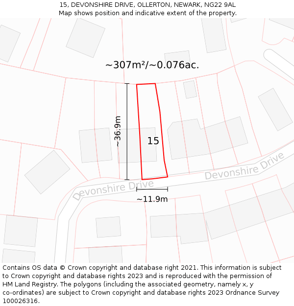 15, DEVONSHIRE DRIVE, OLLERTON, NEWARK, NG22 9AL: Plot and title map