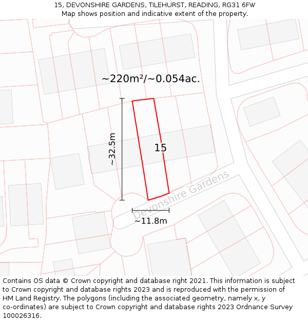 15, DEVONSHIRE GARDENS, TILEHURST, READING, RG31 6FW: Plot and title map