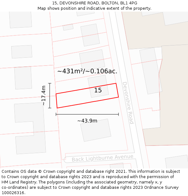 15, DEVONSHIRE ROAD, BOLTON, BL1 4PG: Plot and title map