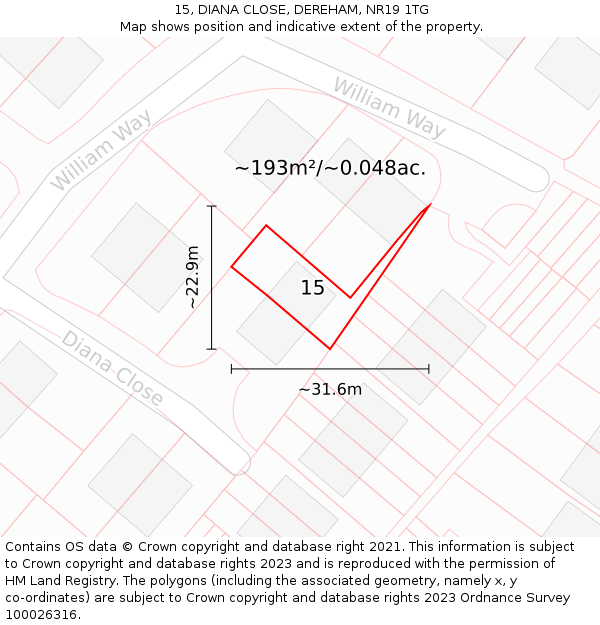 15, DIANA CLOSE, DEREHAM, NR19 1TG: Plot and title map