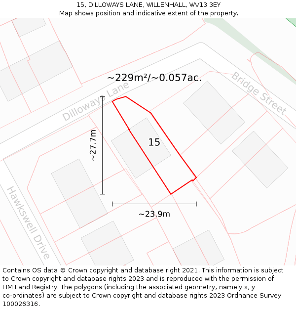 15, DILLOWAYS LANE, WILLENHALL, WV13 3EY: Plot and title map