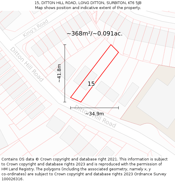 15, DITTON HILL ROAD, LONG DITTON, SURBITON, KT6 5JB: Plot and title map
