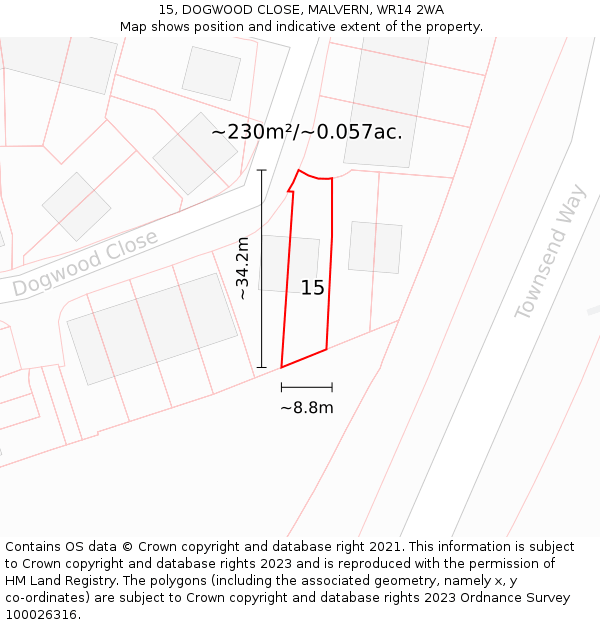 15, DOGWOOD CLOSE, MALVERN, WR14 2WA: Plot and title map