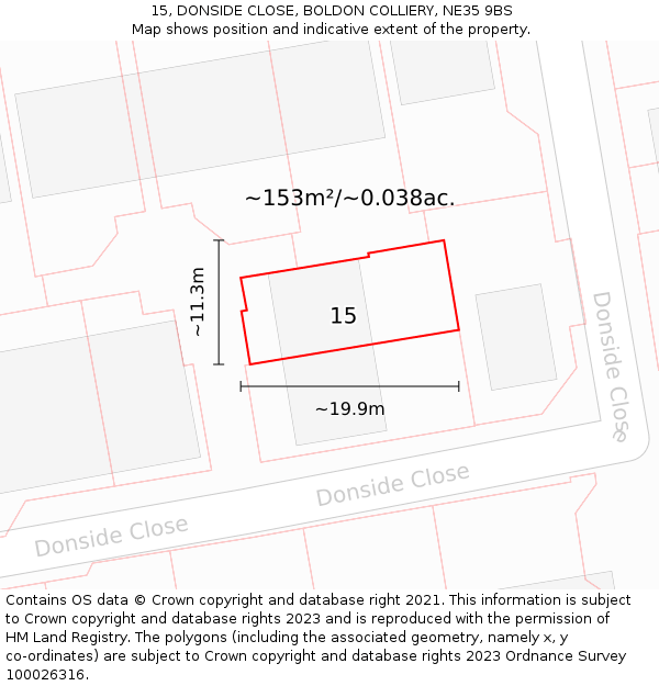 15, DONSIDE CLOSE, BOLDON COLLIERY, NE35 9BS: Plot and title map