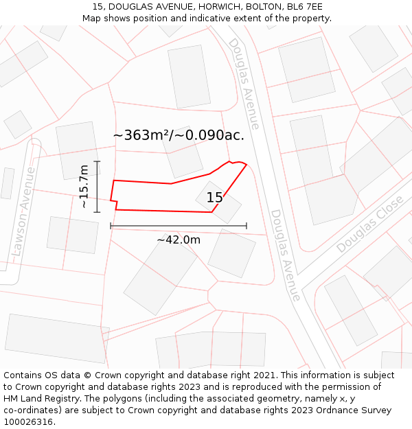 15, DOUGLAS AVENUE, HORWICH, BOLTON, BL6 7EE: Plot and title map
