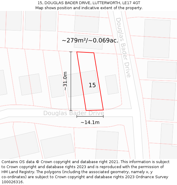 15, DOUGLAS BADER DRIVE, LUTTERWORTH, LE17 4GT: Plot and title map