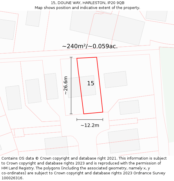 15, DOUNE WAY, HARLESTON, IP20 9QB: Plot and title map