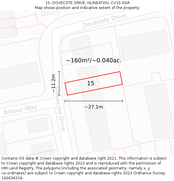 15, DOVECOTE DRIVE, NUNEATON, CV10 0GA: Plot and title map