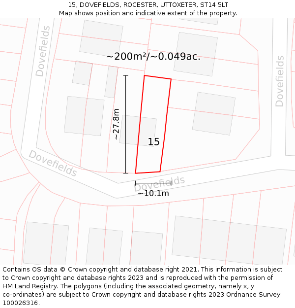 15, DOVEFIELDS, ROCESTER, UTTOXETER, ST14 5LT: Plot and title map