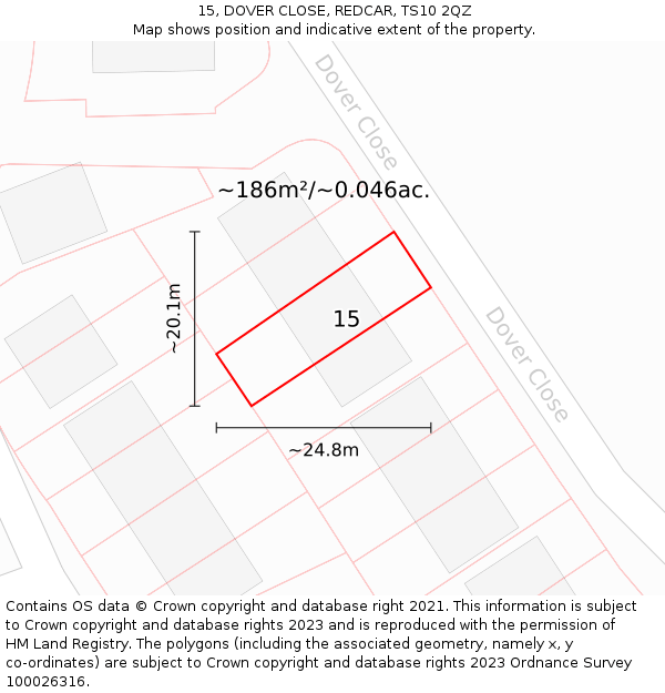 15, DOVER CLOSE, REDCAR, TS10 2QZ: Plot and title map