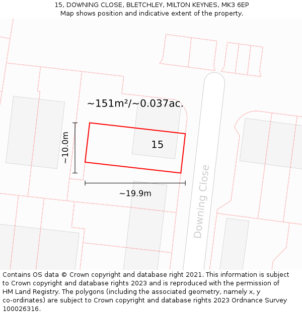 15, DOWNING CLOSE, BLETCHLEY, MILTON KEYNES, MK3 6EP: Plot and title map