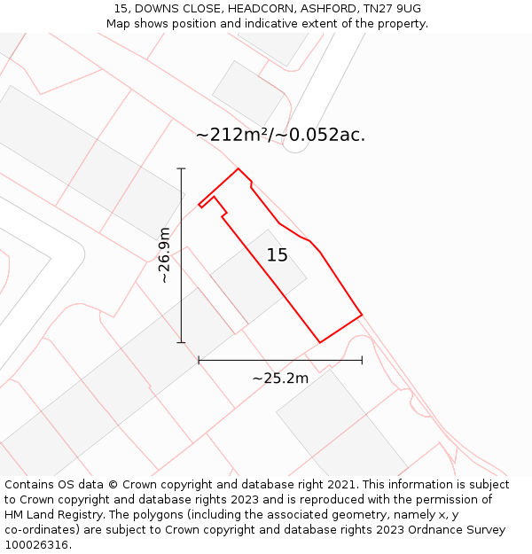 15, DOWNS CLOSE, HEADCORN, ASHFORD, TN27 9UG: Plot and title map